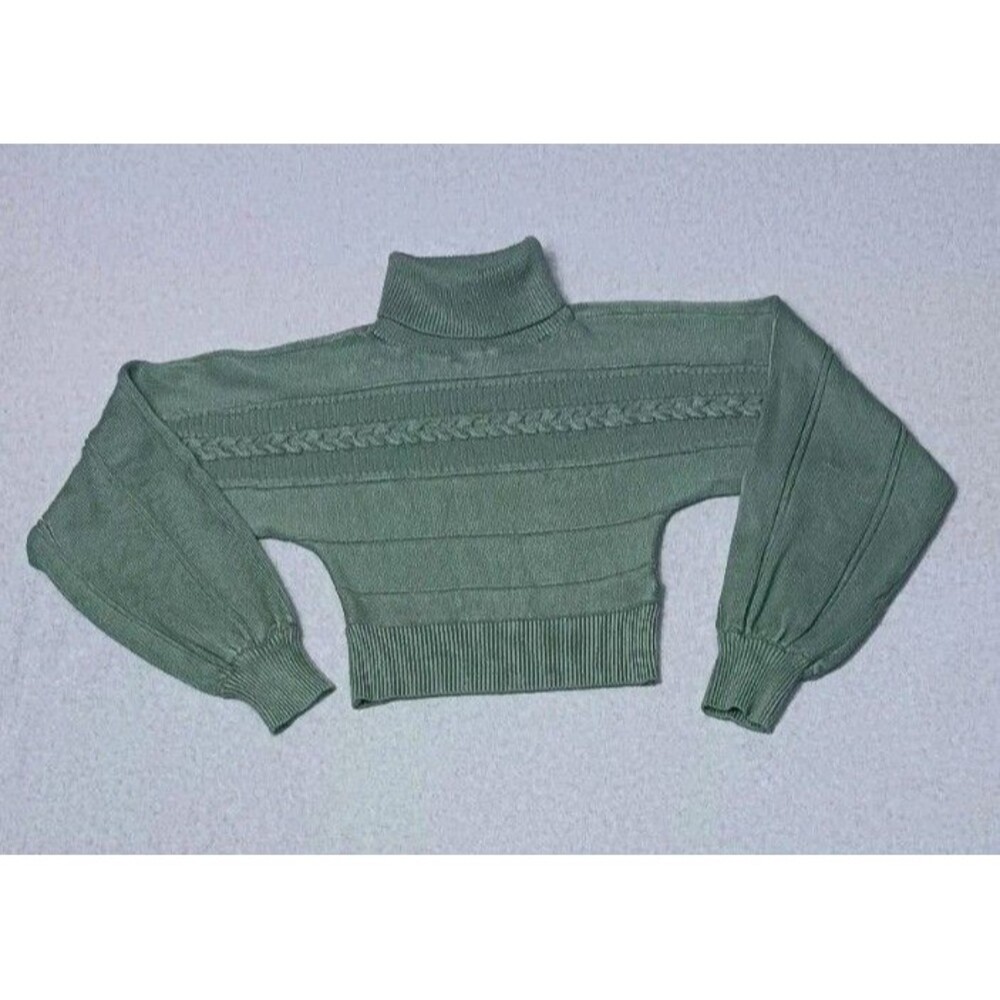 Guess Cropped Chunky Cable Knit Turtleneck Sweater M Sage Green Ballon Sleeves